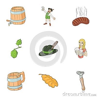 Beer festival icons set, cartoon style Vector Illustration