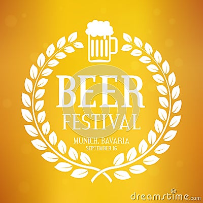 Beer festival logo with text, laurel wreath and glass. Oktoberfest vector background. Vector Illustration