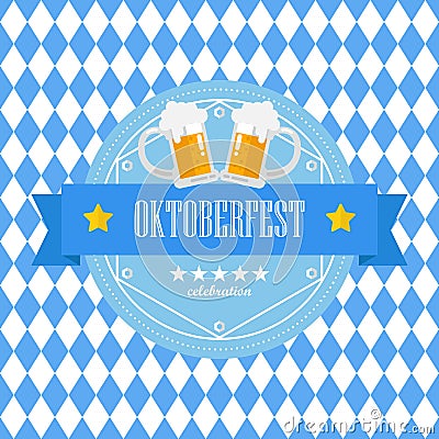 Beer festival Oktoberfest badge on blue rhombus background Cartoon Illustration