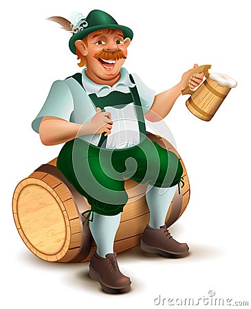 Beer Festival Oktoberfest. Man sits on wooden barrel and drinks beer Vector Illustration