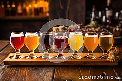 beer flight of different saison beers on a wooden plank Stock Photo