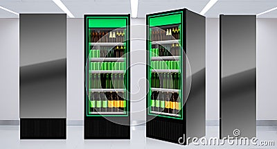 Beer Fridges fronts at supermarket Stock Photo