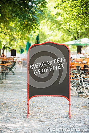 Beer Garden Open Sign in Munich Stock Photo