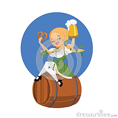 Beer girl in dirndl on keg with pretzel pinup Vector Illustration