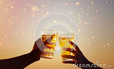 Beer glass celebrates soft-colored beer drinks, friendships, gatherings, by the sea, relaxing days and eating and drinking. Stock Photo