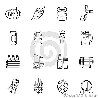 Beer, glass cup, mug, barrel thin line icons set isolated on white. Alcoholic drink, bottle. Vector Illustration
