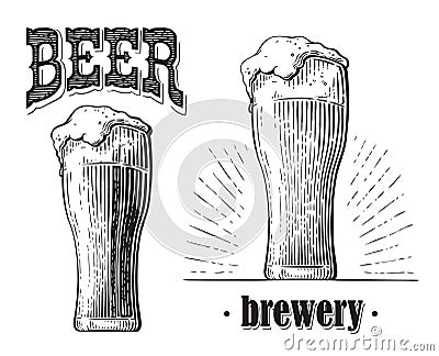 Beer glass filled with beer. Vintage vector engraving sketch illustration for web, poster, invitation to party. Hand Vector Illustration
