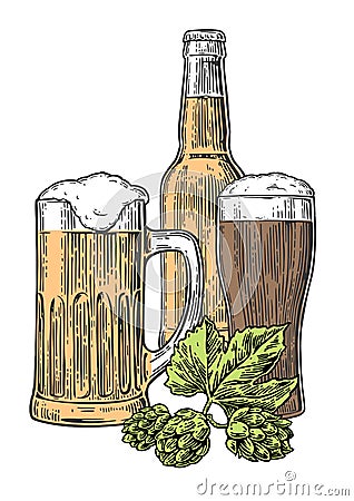 Beer glass, mug, bottle, hop. Vector vintage engraved illustration isolated on white background. Vector Illustration