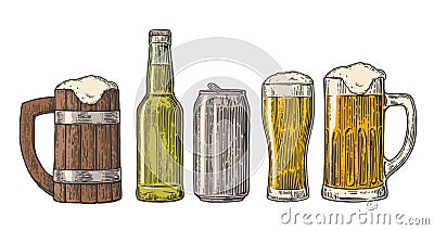 Beer glass, mug, can, bottle, hop. Vector vintage engraved color illustration isolated on white background. Vector Illustration