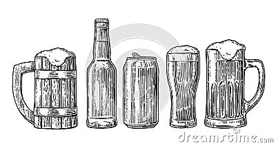 Beer glass, mug, can, bottle, hop. Vector vintage engraved illustration isolated on white background. Vector Illustration