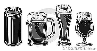 Beer glass, mug and can vector black objects set Vector Illustration