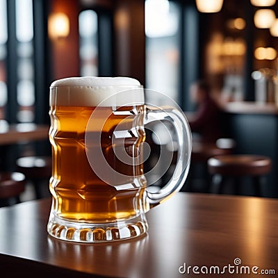 Beer Glass Mug With Handle With Light Yellow Beer With Foam. Beer on the table in a cafe, bokeh effect, tilt-shift photo Stock Photo