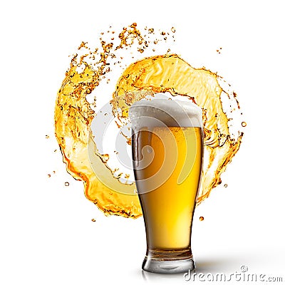 Beer in glass with splash isolated on white Stock Photo