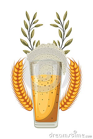 Beer glass with wheat spikes oktoberfest celebration icon Vector Illustration