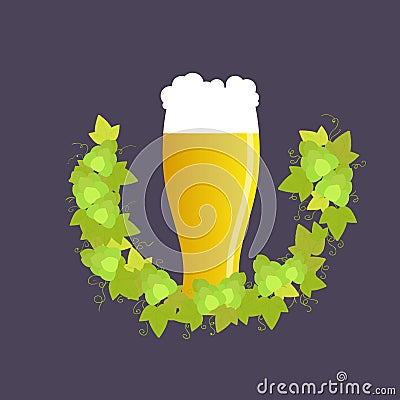Beer glass with wreath of hops Vector Illustration