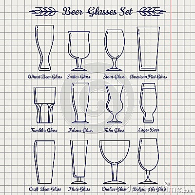 Beer glasses line icons set Vector Illustration