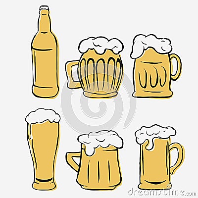 Beer glasses set, hand-drawing glass and bottle. vector Vector Illustration
