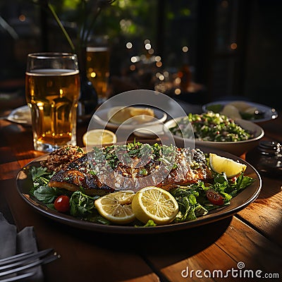 beer and grilled fish Stock Photo