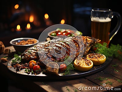 beer and grilled fish Stock Photo