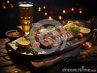 beer and grilled fish Stock Photo