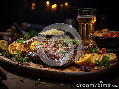 beer and grilled fish Stock Photo