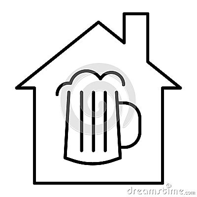 Beer house thin line icon. House and a glass of beer vector illustration isolated on white. Beer mug with foam and house Vector Illustration