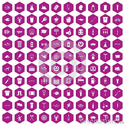 100 beer icons hexagon violet Vector Illustration