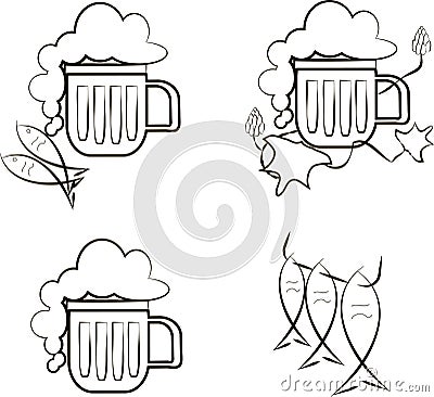 Beer icons. Mug of beer with foam, fish, branch of hops Vector Illustration