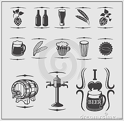 Beer icons, symbols, labels and design elements. Vector Illustration