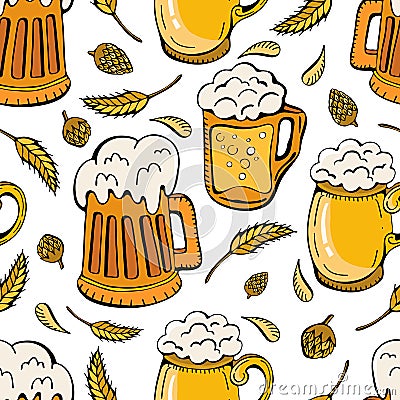 Beer icons, wheat ears, hops seamless background. Oktoberfest cartoon cute Doodle hand-drawn. Colorful details, with lots of Cartoon Illustration
