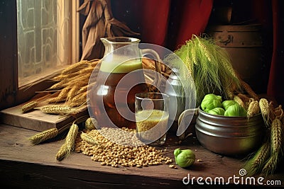 beer ingredients: barley, hops, and water on table Stock Photo