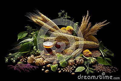 Beer ingredients, including hops, barley, and yeast, arranged in an artistic composition that represents the craftsmanship and Cartoon Illustration