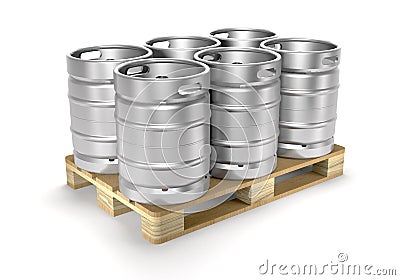 Aluminium beer kegs on a storage pallet 3d illustration. Cartoon Illustration