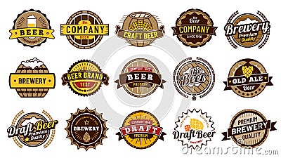 Beer label badges. Retro beers brewery, lager bottle badge and vintage beer emblem isolated vector illustration set Vector Illustration