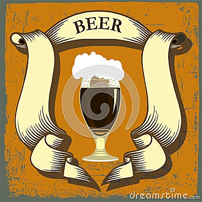 Beer label for brasserie restaurant with beer glasses and crown Vector Illustration