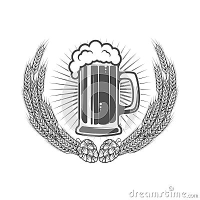 Beer label template. Beer mug in wreath from wheat with hop. Vector Illustration