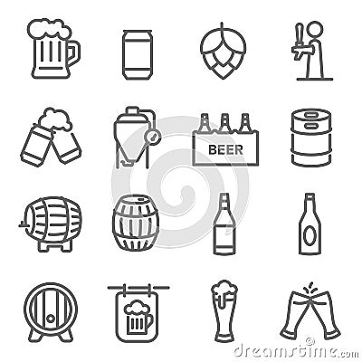 Beer Line Icon Set. Contains such Icons as Craft Beer, Tank, Hops and more. Expanded Stroke Vector Illustration