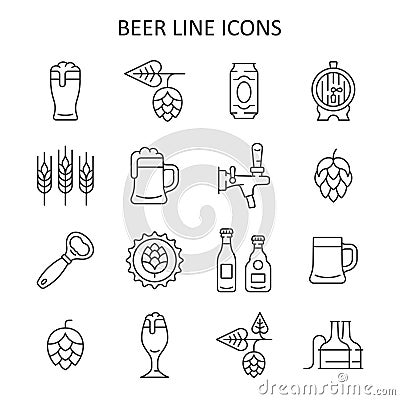 Beer line icon set. Vector collection symbol with mug of beer, hop cone, barley ear, barrel, opener, bottle Vector Illustration