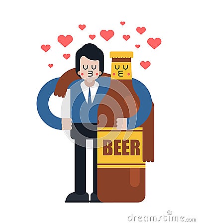 Beer lover Hugs. Guy and bottle of beer. Romantic relationship with alcohol. Love of alcohol Vector Illustration