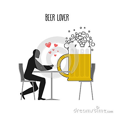 Beer lover. Lovers in cafe. Man and coffee beans sitting at table. Drink at restaurant. Romantic date in public place. Vector Illustration