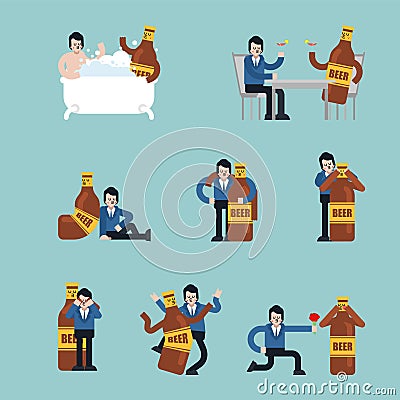 Beer lover set. Guy and bottle of beer. Romantic relationship with alcohol. Love of alcohol Vector Illustration