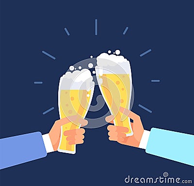 Beer manly background. Men toasting, hands clink beer glasses. Octoberfest vector concept Vector Illustration