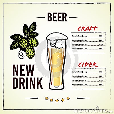 Beer menu design with glass of beer and branch of hops with leaves and cones. Alcohol card design elements. Hand drawn Cartoon Illustration