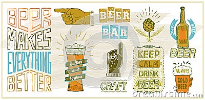 Beer menu list or display with quote phrases, hand drawn graphic lettering, doodle style sketched elements Vector Illustration