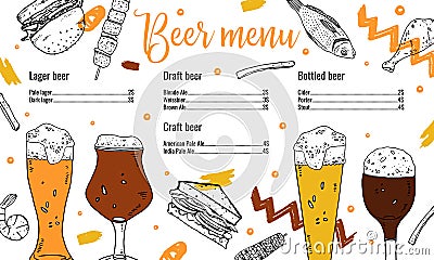 Beer menu print template. Drink glasses and food. Hand drawn vector illustration Vector Illustration