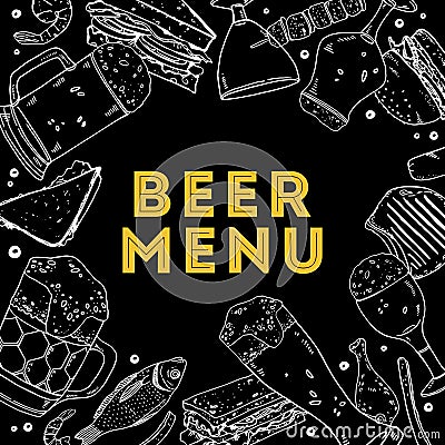 Beer menu. Rectangular frame with drink glasses and food. Hand drawn outline vector sketch illustration Vector Illustration