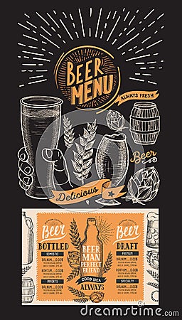 Beer menu for restaurant. Design template with hand-drawn graphic illustrations. Vector beverage flyer for bar. Vector Illustration