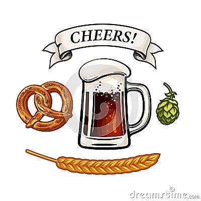 Beer mug, Bavarian pretzel, hop cone, barley or wheat ear, ribbon banner with text Cheers. Vector illustration Vector Illustration