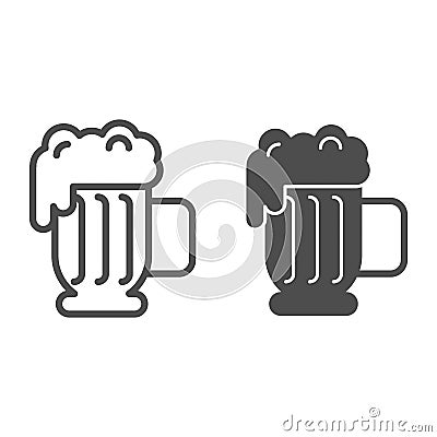 Beer mug with foam line and glyph icon. Lager glass with froth vector illustration isolated on white. Ale cup outline Vector Illustration