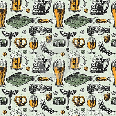 Beer mug and food products seamless pattern vector background with fish, drink in glass Vector Illustration